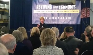 Linda McMahon addresses a rally at Coil Pro in Southington.